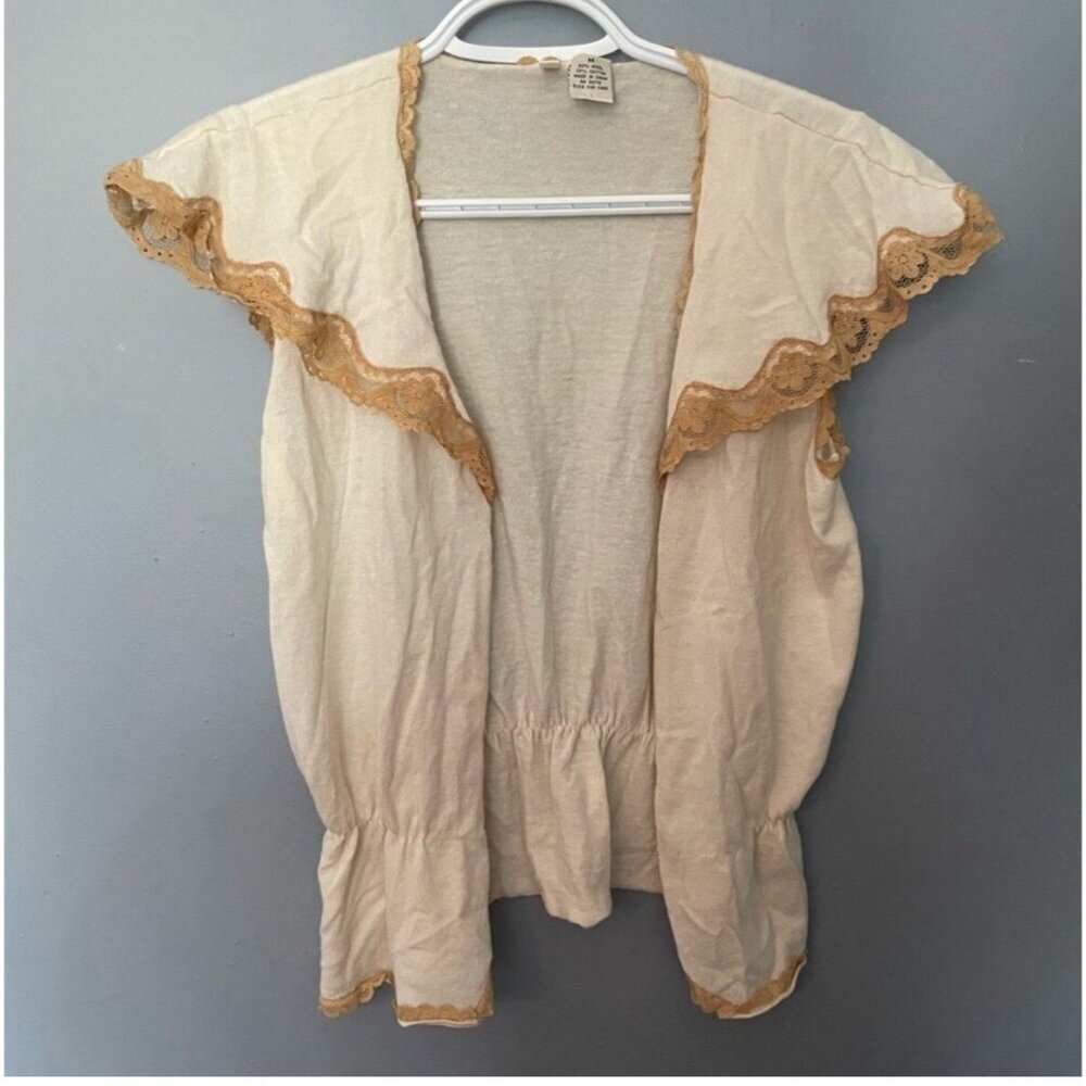 Vintage Cream Cotton Wool Vest Lace Trim Women's Size Medium Boho Top